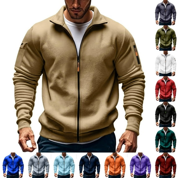 Fleece Jackets for Men Winter Coat for Men Men's Solid Color Long Sleeved Stand-up Collar Zipper Fleece Thick Pocket Jacket, S-3XL