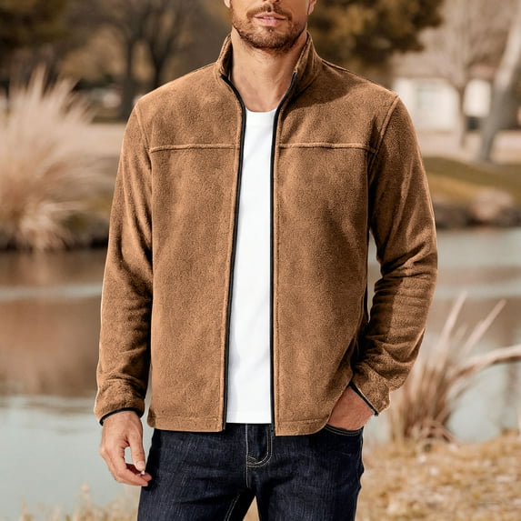 Fleece Jackets for Men with Pockets Zip Up Coats Mens Casual Solid Color Long Sleeve Mock Neck Slim Thermal Warm Going-Out Outerwear Jacket