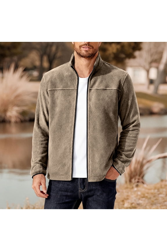 Fleece Jackets for Men with Pockets Zip Up Coats Mens Casual Solid Color Long Sleeve Mock Neck Slim Thermal Warm Going-Out Outerwear Jacket