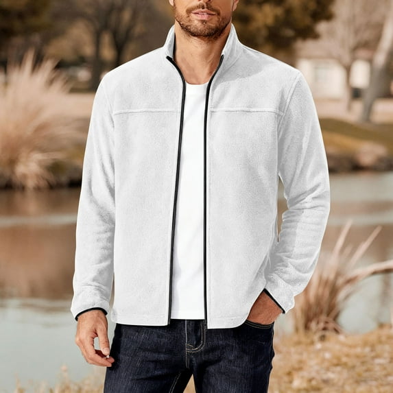Fleece Jackets for Men with Pockets Zip Up Coats Mens Casual Solid Color Long Sleeve Mock Neck Slim Thermal Warm Going-Out Outerwear Jacket