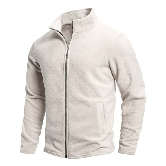 Fleece Jackets for Men with Pockets Zip Up Long Sleeve Sweatshirts Stand Collared Solid Color Slim-Fit Warm Office Work No Hood Outerwear Coats