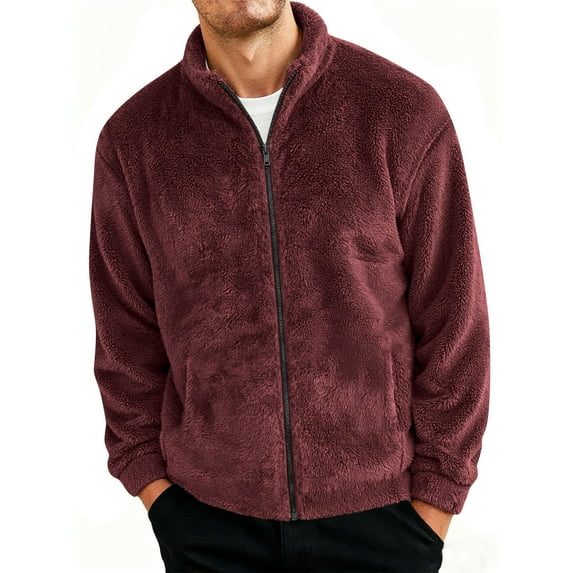 Fleece Jackets for Men with Pockets Zip Up Sherpa Coats Mens Casual Solid Color Long Sleeve Mock Neck Thermal Warm Winter Outerwear Jacket