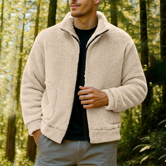 Fleece Jackets for Men with Pockets Zip Up Stand Collared Sherpa Coats Mens Casual Solid Color Long Sleeve Thermal Warm Outerwear Jacket & Coat