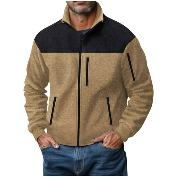 Fleece Jackets for Men with Zipper Pockets Long Sleeve Zip Up Sherpa Sweatshirts Mens Casual Color-Block Thermal Warm Mock Neck Outerwear Coats