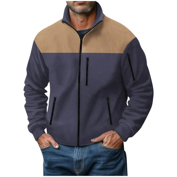 Fleece Jackets for Men with Zipper Pockets Long Sleeve Zip Up Sherpa Sweatshirts Mens Casual Color-Block Thermal Warm Mock Neck Outerwear Coats