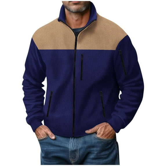 Fleece Jackets for Men with Zipper Pockets Long Sleeve Zip Up Sherpa Sweatshirts Mens Casual Color-Block Thermal Warm Mock Neck Outerwear Coats
