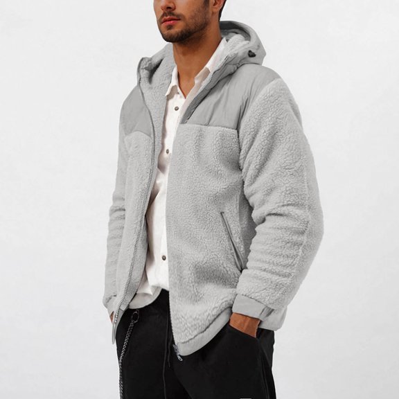 Fleece Jackets for Men with Zipper Pockets and Hooded Zip Up Sherpa Coats Mens Casual Solid Long Sleeve Thermal Warm Fall Winter Outerwear Jacket
