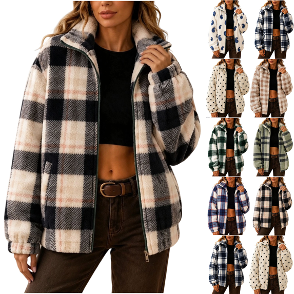 Fleece Jackets for Women Oversized Stand Collar Zip Up Jacket with Pockets Winter Casual Warm Trendy Plaid Plush Outerwear,Sizes S-2XL
