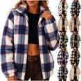 thumbnail image 1 of Fleece Jackets for Women Oversized Stand Collar Zip Up Jacket with Pockets Winter Casual Warm Trendy Plaid Plush Outerwear,Sizes S-2XL, 1 of 5