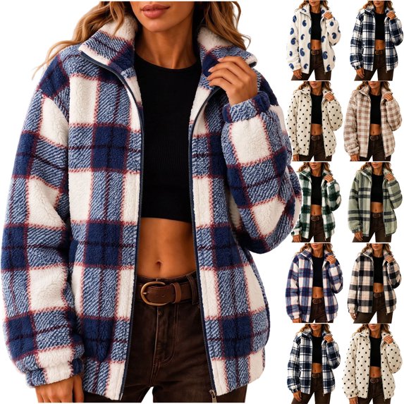 Fleece Jackets for Women Oversized Stand Collar Zip Up Jacket with Pockets Winter Casual Warm Trendy Plaid Plush Outerwear,Sizes S-2XL