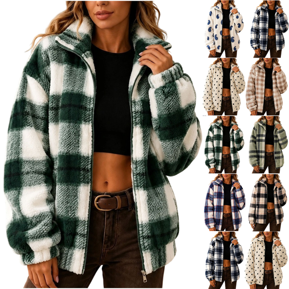 Fleece Jackets for Women Oversized Stand Collar Zip Up Jacket with Pockets Winter Casual Warm Trendy Plaid Plush Outerwear,Sizes S-2XL