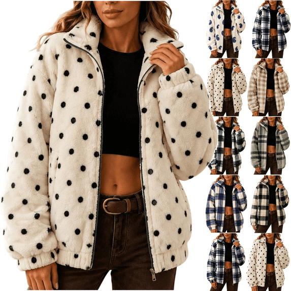 Fleece Jackets for Women Oversized Stand Collar Zip Up Jacket with Pockets Winter Casual Warm Trendy Polka Dots Plush Outerwear,Sizes S-2XL