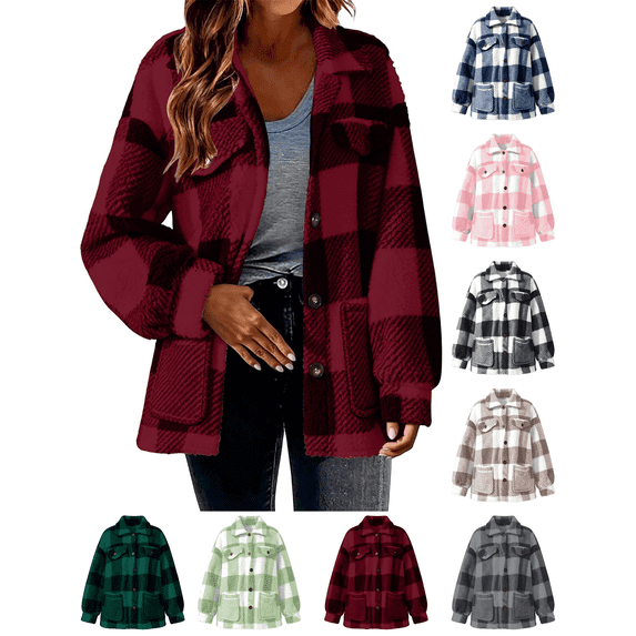 Fleece Jackets for Women Plaid Fuzzy Shacket Lapel Collared Button Down Jacket Sherpa Oversized Warm Fall Winter Coat with Pockets