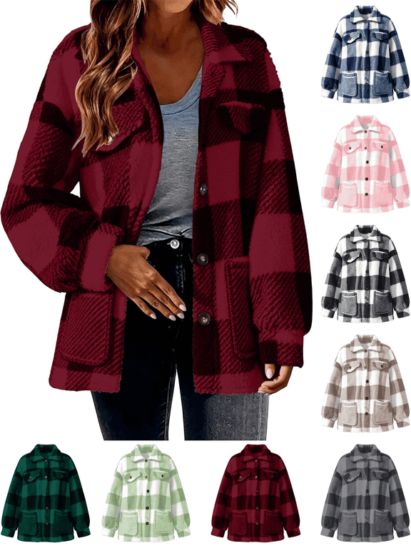 Fleece Jackets for Women Plaid Fuzzy Shacket Lapel Collared Button Down Jacket Sherpa Oversized Warm Fall Winter Coat with Pockets