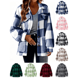Fleece Jackets for Women Plaid Fuzzy Shacket Lapel Collared Button Down Jacket Sherpa Oversized Warm Fall Winter Coat with Pockets