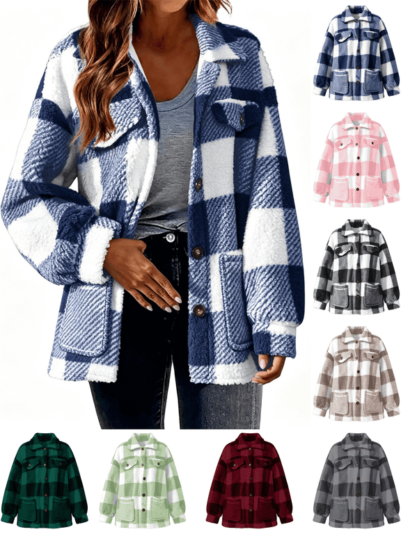 Fleece Jackets for Women Plaid Fuzzy Shacket Lapel Collared Button Down Jacket Sherpa Oversized Warm Fall Winter Coat with Pockets