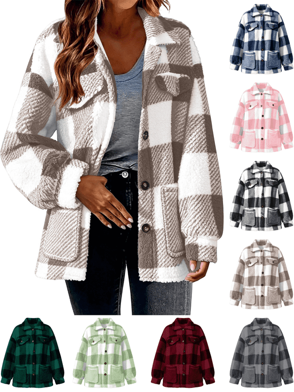 Fleece Jackets for Women Plaid Fuzzy Shacket Lapel Collared Button Down Jacket Sherpa Oversized Warm Fall Winter Coat with Pockets