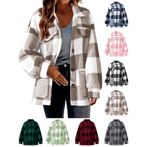 Fleece Jackets for Women Plaid Fuzzy Shacket Lapel Collared Button Down Jacket Sherpa Oversized Warm Fall Winter Coat with Pockets