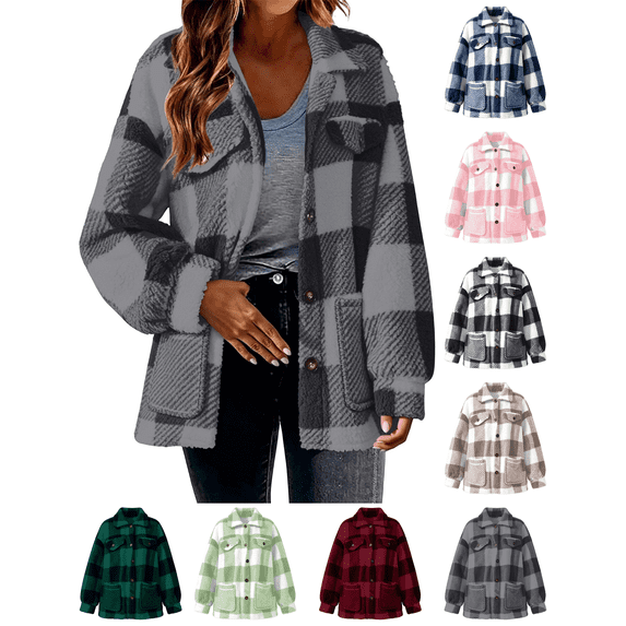 Fleece Jackets for Women Plaid Fuzzy Shacket Lapel Collared Button Down Jacket Sherpa Oversized Warm Fall Winter Coat with Pockets