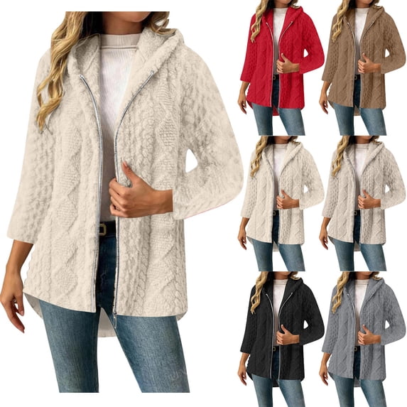 Fleece Jackets for Women Plus Size Hooded Long Sleeve Solid Color Warm Winter Coat Casual Thicken Fleece Lined Cardigan Outerwear