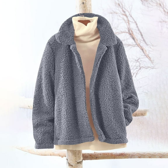 Fleece Jackets for Women Plus Size Solid Winter Casual Long Sleeve Refutation Faux Fleece Outerwear Coat With Pocket