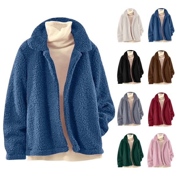 Fleece Jackets for Women Plus Size Solid Winter Casual Long Sleeve Refutation Faux Fleece Outerwear Coat With Pocket