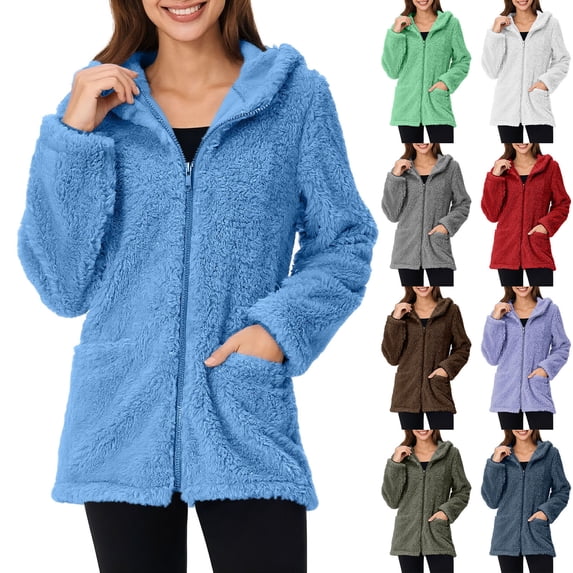 Fleece Jackets for Women Plus Size Warm Faux Coat Jacket Winter Zipper Solid Long Sleeve Outerwear