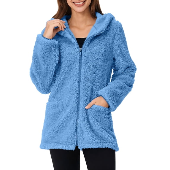 Fleece Jackets for Women Plus Size Warm Faux Coat Jacket Winter Zipper Solid Long Sleeve Outerwear