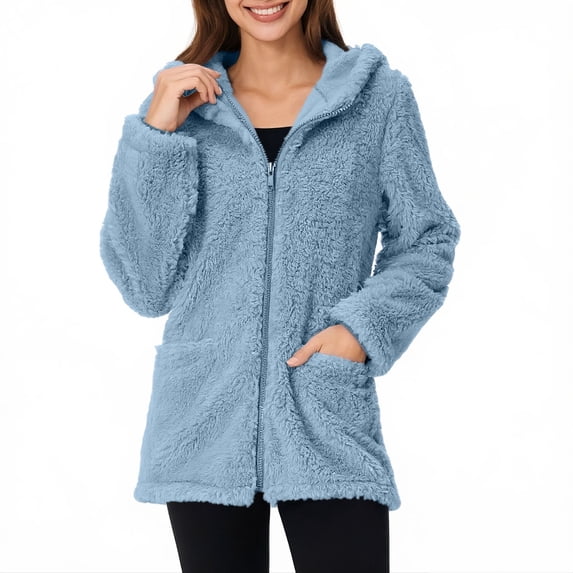 Fleece Jackets for Women Plus Size Warm Faux Coat Jacket Winter Zipper Solid Long Sleeve Outerwear