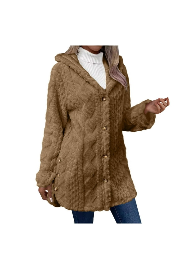 Fleece Jackets for Women Solid Color Button Down Winter Warm Hooded Casual Coats Cardigan Outerwear with Pockets,Coffee,S
