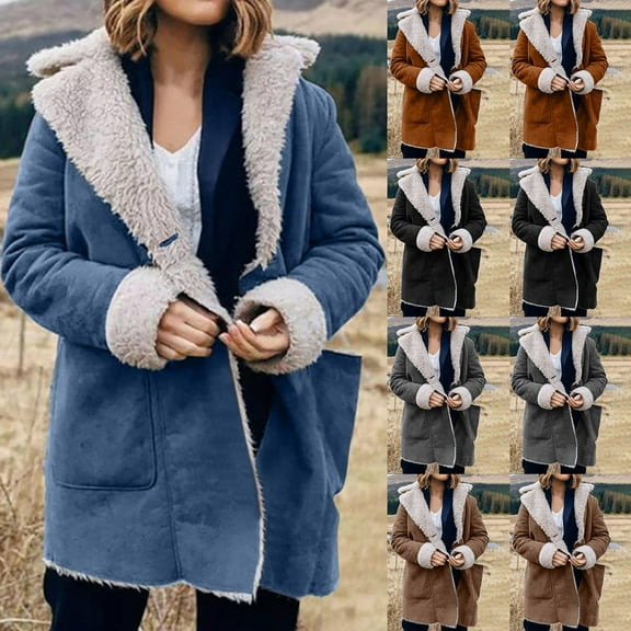 Fleece Jackets for Women Warm Sherpa Lined Vintage Faux Suede Leather Jacket Oversized Long Sleeve Lapel Button Down Winter Coats with Pockets