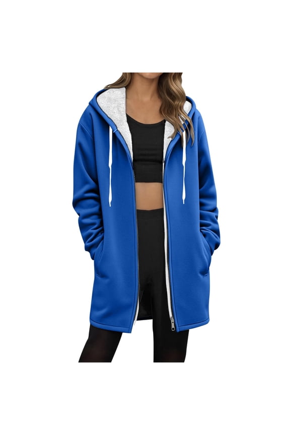 Fleece Jackets for Women Zip Up Long Sherpa Lined Hooded Coats Tunic Casual Fall Winter Warm Fashion Clothes with Pocket (L, Blue)