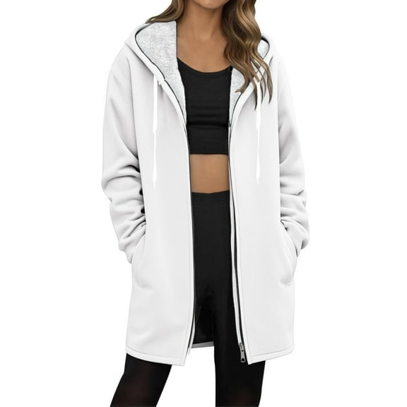 Fleece Jackets for Women Zip Up Long Sherpa Lined Hooded Coats Tunic Casual Fall Winter Warm Fashion Clothes with Pocket (M, White)