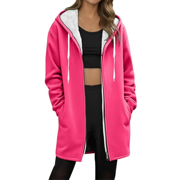 Fleece Jackets for Women Zip Up Long Sherpa Lined Hooded Coats Tunic Casual Fall Winter Warm Fashion Clothes with Pocket (S, Hot Pink)