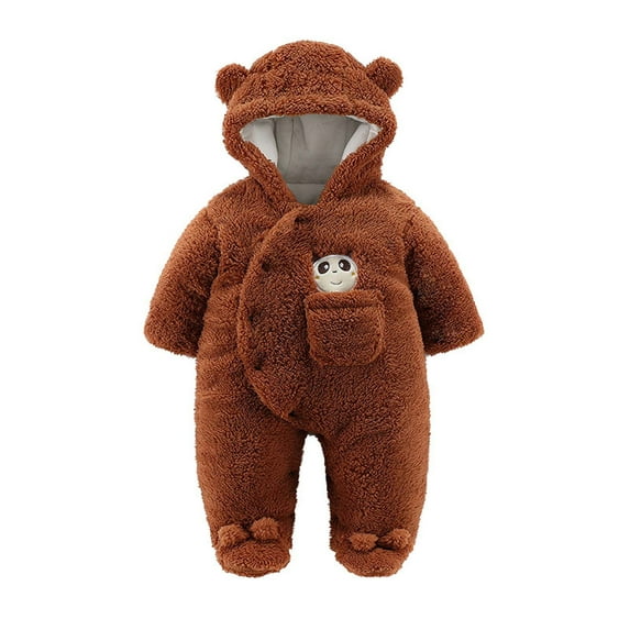 Fleece Jumpsuit Baby Girls Winter Clothes Infant Thick Plush Cute Footed Rompers Hoodies Newborn Long Sleeve Snowsuit, Brown, 0 Months
