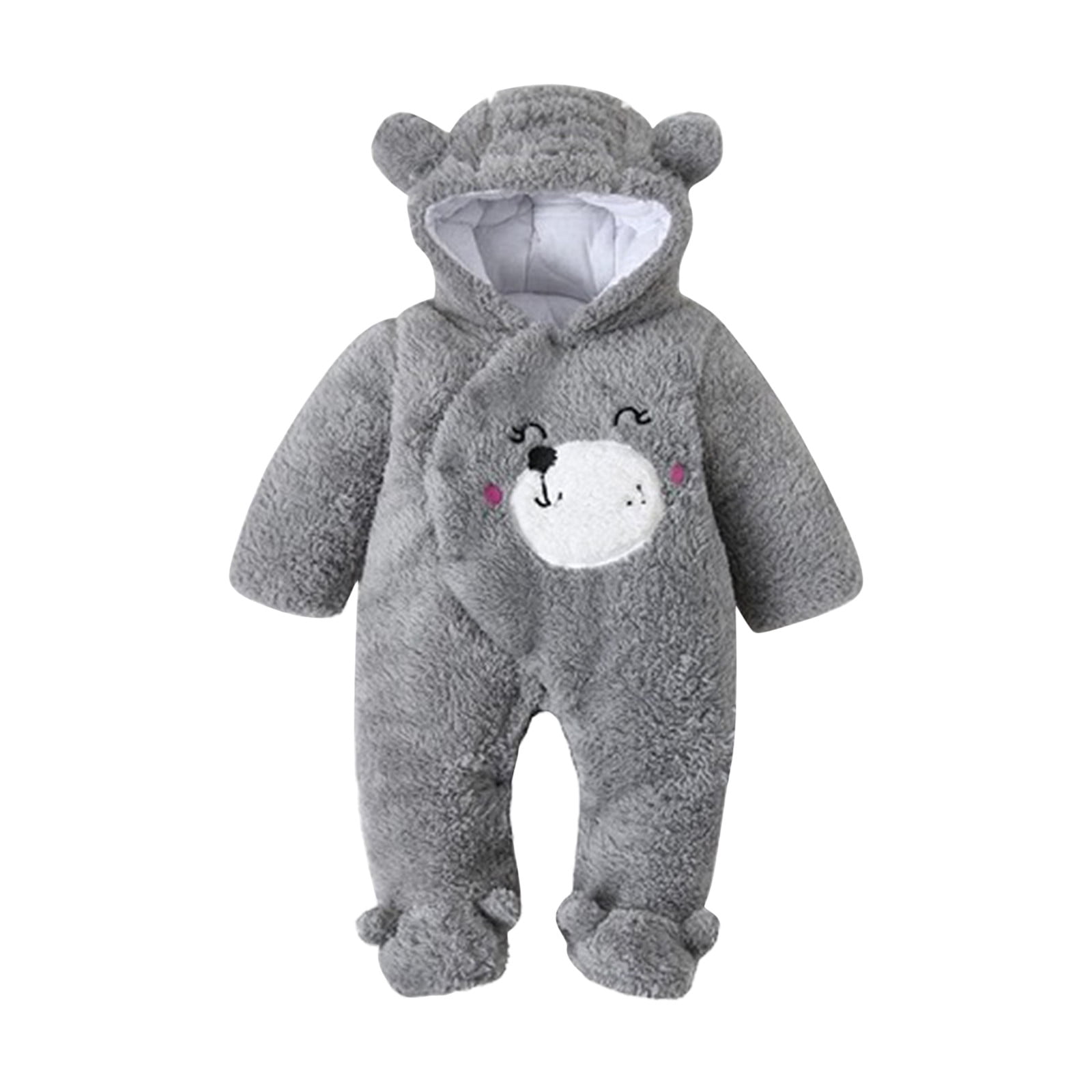 Fleece Jumpsuit Baby Girls Winter Clothes Infant Thick Plush Cute Footed Rompers Hoodies Newborn Long Sleeve Snowsuit, Gray, 18 Months