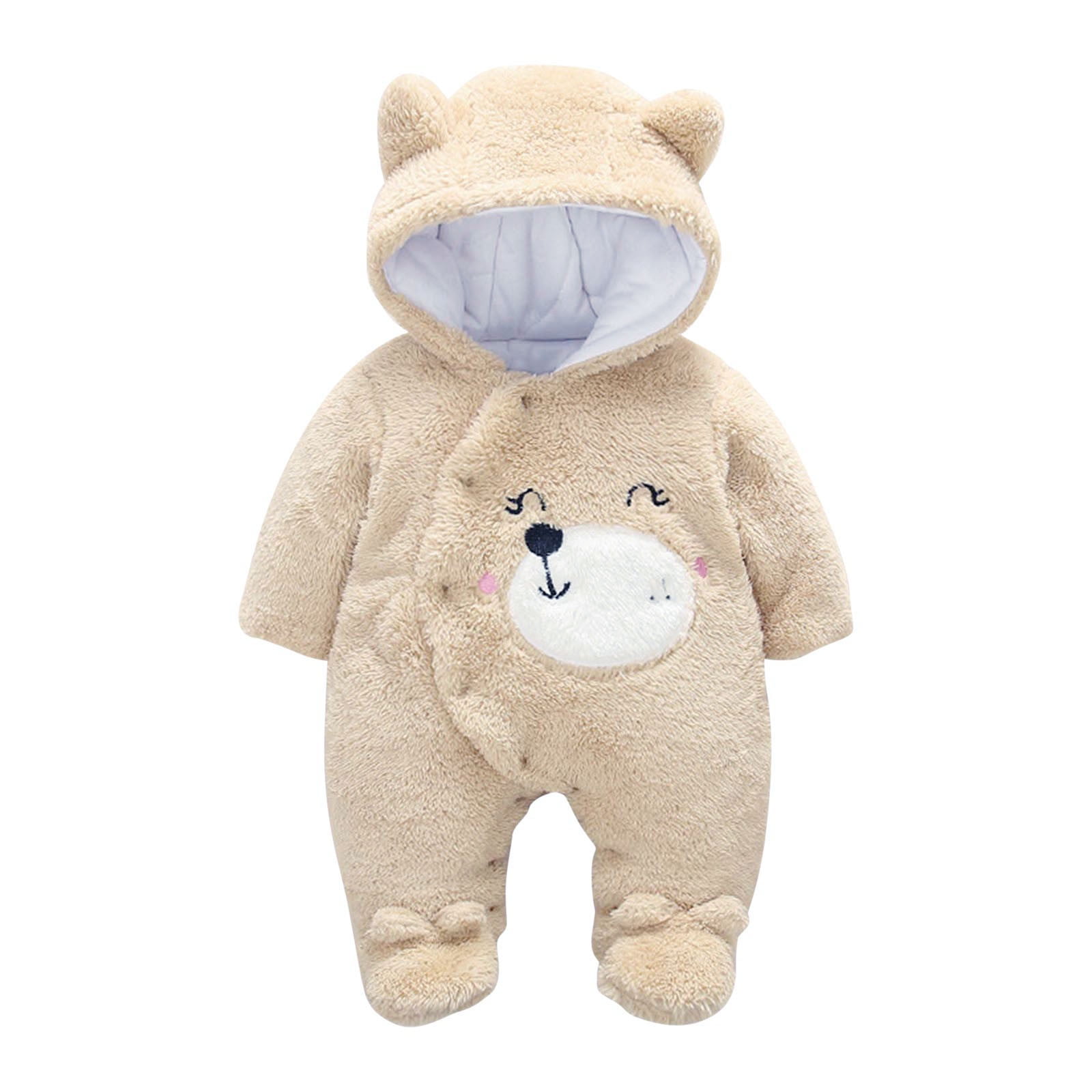 Fleece Jumpsuit Baby Girls Winter Clothes Infant Thick Plush Cute Footed Rompers Hoodies Newborn Long Sleeve Snowsuit, Khaki, 18 Months