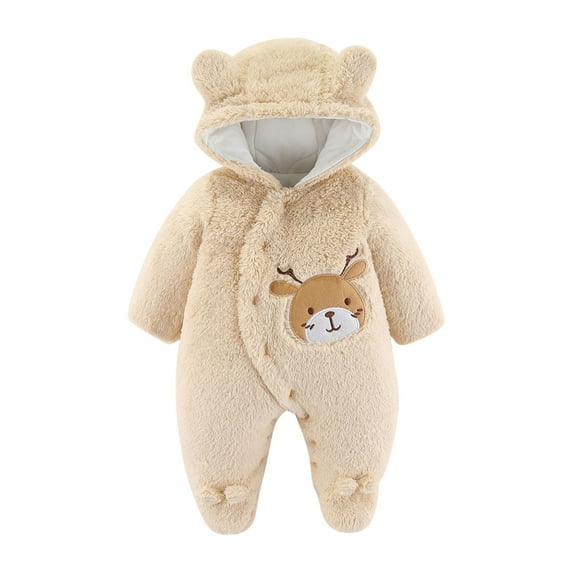 Fleece Jumpsuit Baby Girls Winter Clothes Infant Thick Plush Cute Footed Rompers Hoodies Newborn Long Sleeve Snowsuit, Khaki, 6 Months