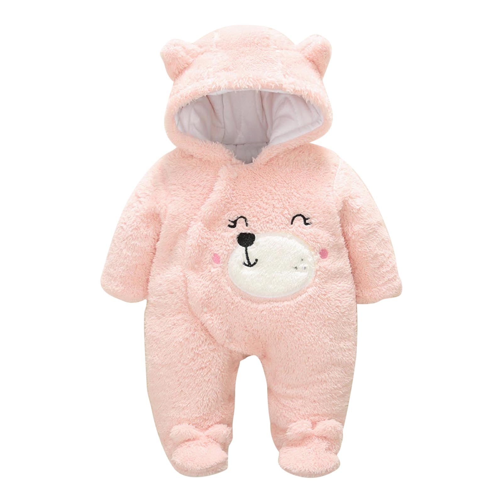 Fleece Jumpsuit Baby Girls Winter Clothes Infant Thick Plush Cute Footed Rompers Hoodies Newborn Long Sleeve Snowsuit, Pink, 6 Months