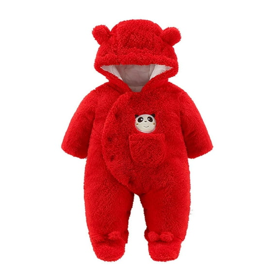 Fleece Jumpsuit Baby Girls Winter Clothes Infant Thick Plush Cute Footed Rompers Hoodies Newborn Long Sleeve Snowsuit, Red, 3 Months