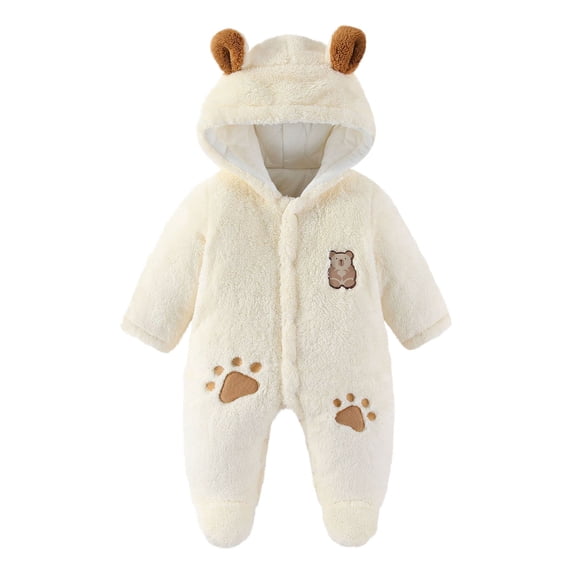 Fleece Jumpsuits For Toddler Bear Ears Hooded Button Down Long Sleeve Romper Cute Print Thermal Comfy Oneise 3-24M (1 Years, White)