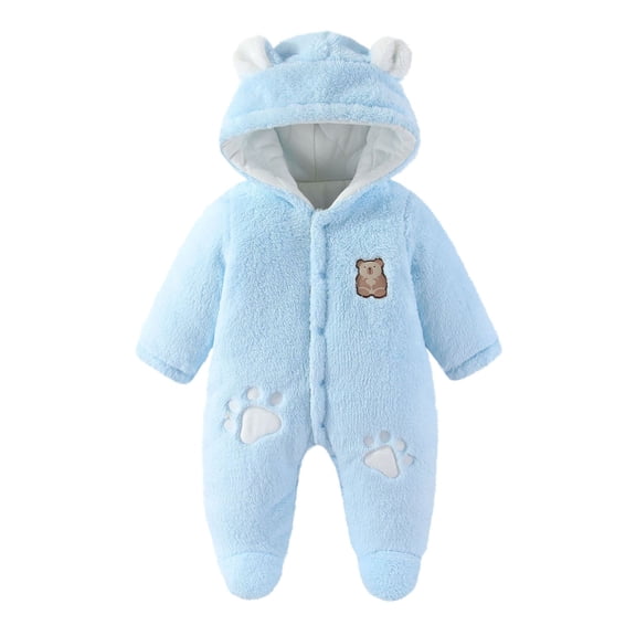 Fleece Jumpsuits For Toddler Bear Ears Hooded Button Down Long Sleeve Romper Cute Print Thermal Comfy Oneise 3-24M (9 Months, Light Blue)