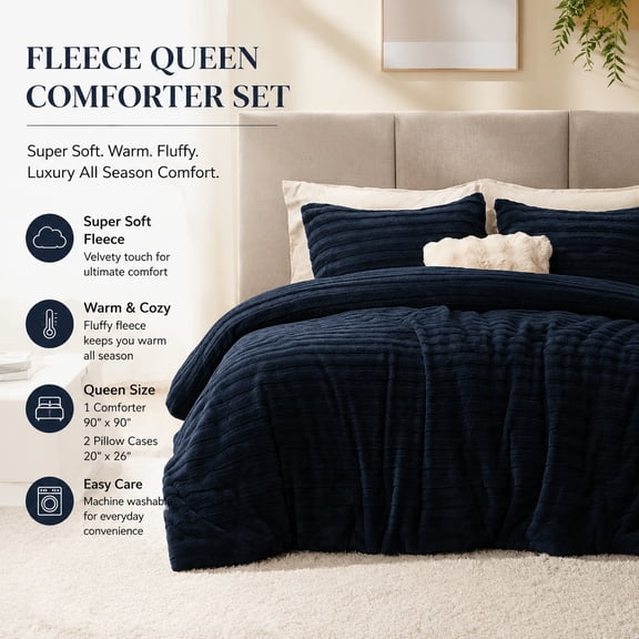 Fleece King Comforter Set - Super Soft Warm Navy Faux Fur Bedding, Luxury Heavy Winter Bed Set with 2 Pillowcases
