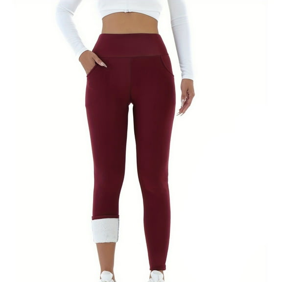 Fleece Leggings Women Stretch High Waisted Sherpa Leggings Winter Thermal Butt Lifting Soft Yoga Pants Slim Fit Tummy Control Gym Activewear Workout Tights Pants Wine XL