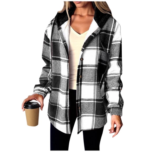 Fleece Liend Jackets for Women with Hood Casual Button Down Buffalo Plaid Flannel Shirts Fall Winter Fashion Shacket Coats