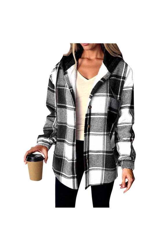 Fleece Liend Jackets for Women with Hood Casual Button Down Buffalo Plaid Flannel Shirts Fall Winter Fashion Shacket Coats