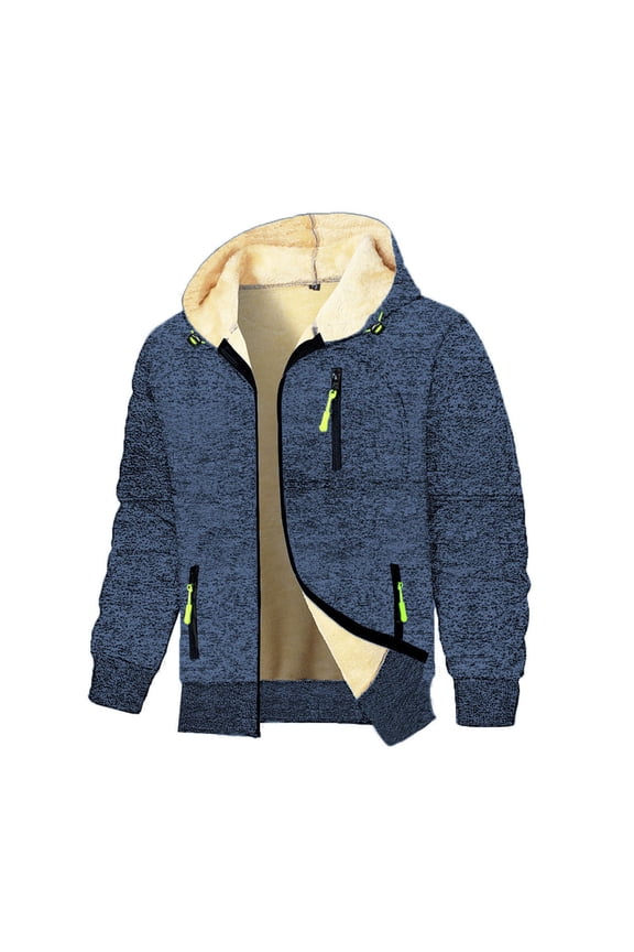 Fleece Line Jackets for Men, Thermal Warm Winter Jackets Zipper up Hoodies Sweatshirts Workout Outwear Coats with Pockets Navy L