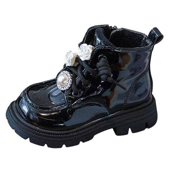Fleece Lined Ankle Boots for Toddler Girls Fashion Patent Leather Lace Up Winter Boots Kids Warm Fuzzy Short Combat Booties Black Size 6.5 Toddler