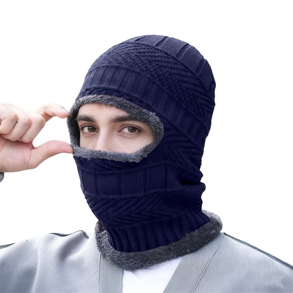 Fleece Lined Balaclava Winter Hat for Men, Windproof Thermal Knit Cap Scarf Neck Warmer, Full Face Cover for Skiing Cycling Running Motorcycle and Cold Weather - Navy