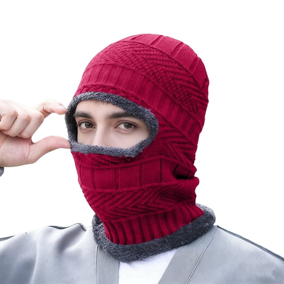Fleece Lined Balaclava Winter Hat for Men, Windproof Thermal Knit Cap Scarf Neck Warmer, Full Face Cover for Skiing Cycling Running Motorcycle and Cold Weather - Red